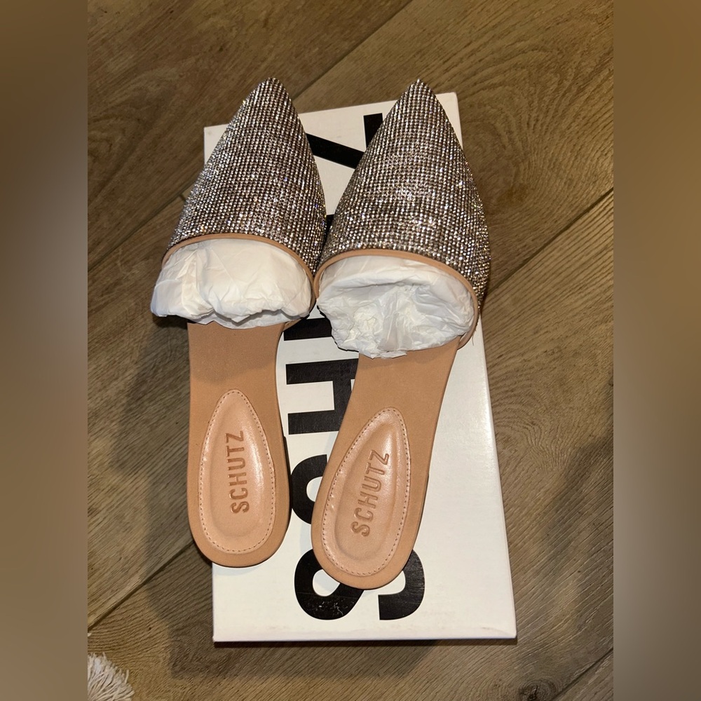 SCHUTZ Rose Gold Sparkle Pointed Toe Mules
